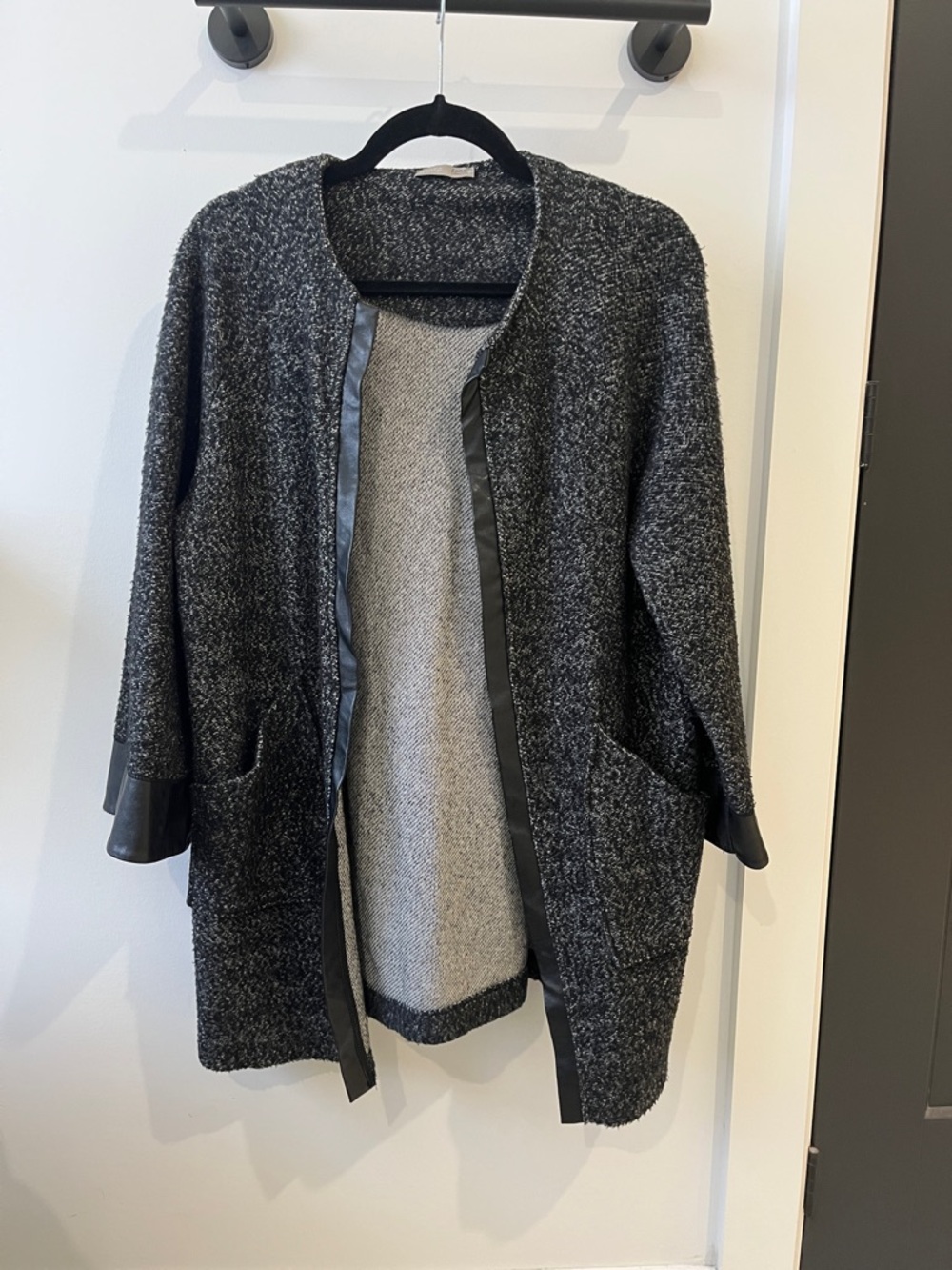 Zara Charcoal Gray Open-Front Tweed Coatigan with Faux Leather Trim